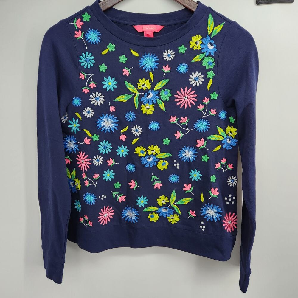 Lilly Pulitzer Rami Floral Embroidered Sweatshirt Navy Blue Size XS